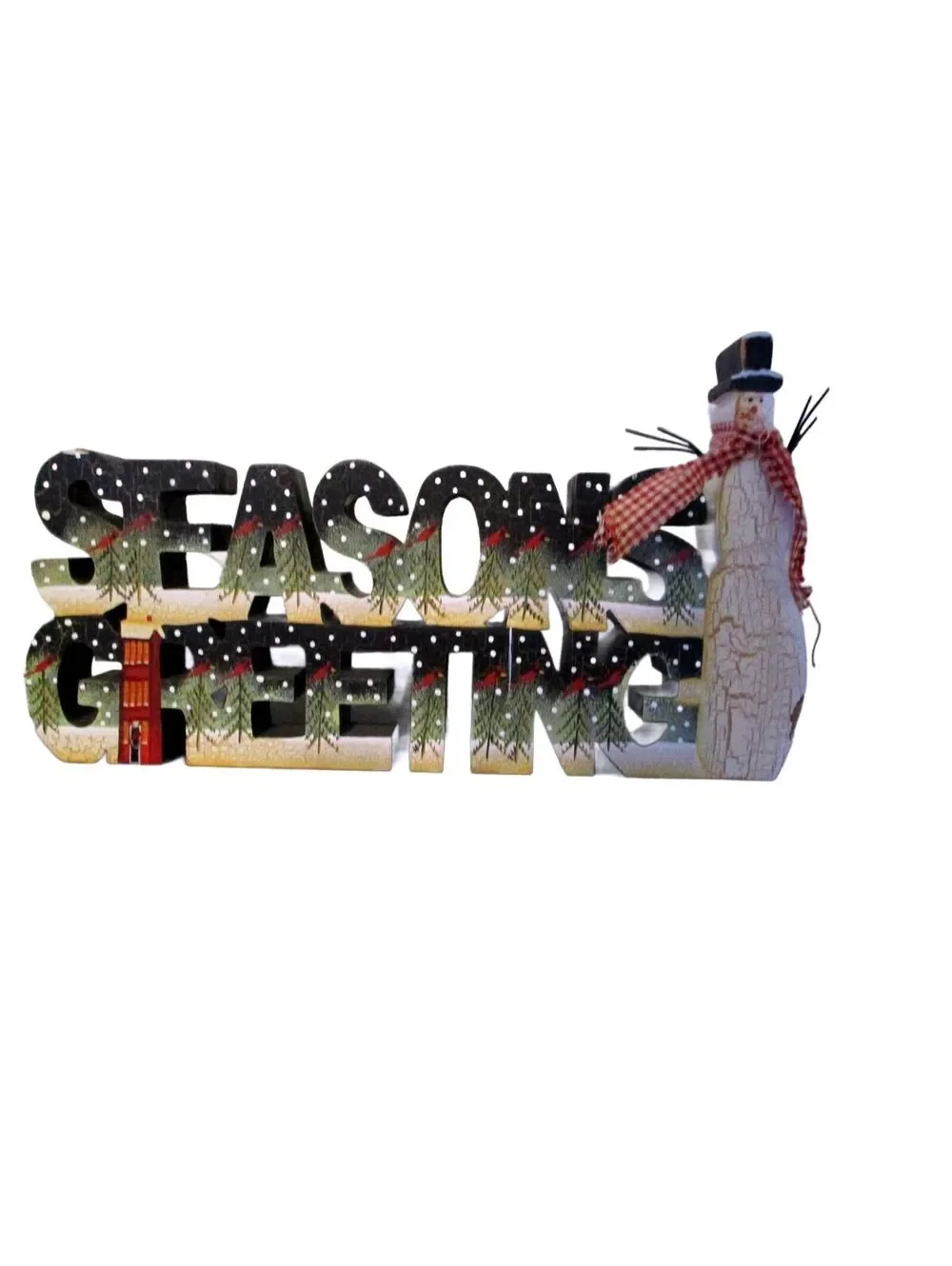 Vintage 1980s City Mountain Wooden Seasons Greetings Snowman Christmas Sign